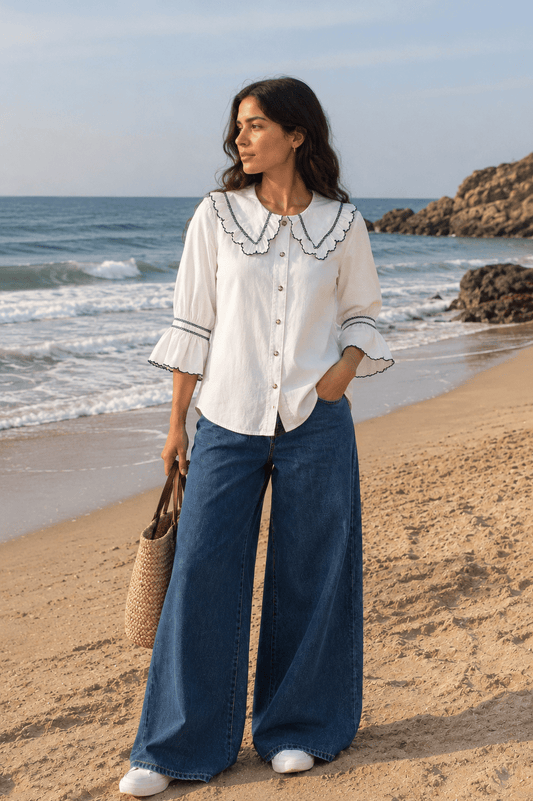 Casual Ecru Denim Daisy Blouse - CLUBHAUS DENIMDBEC-10091