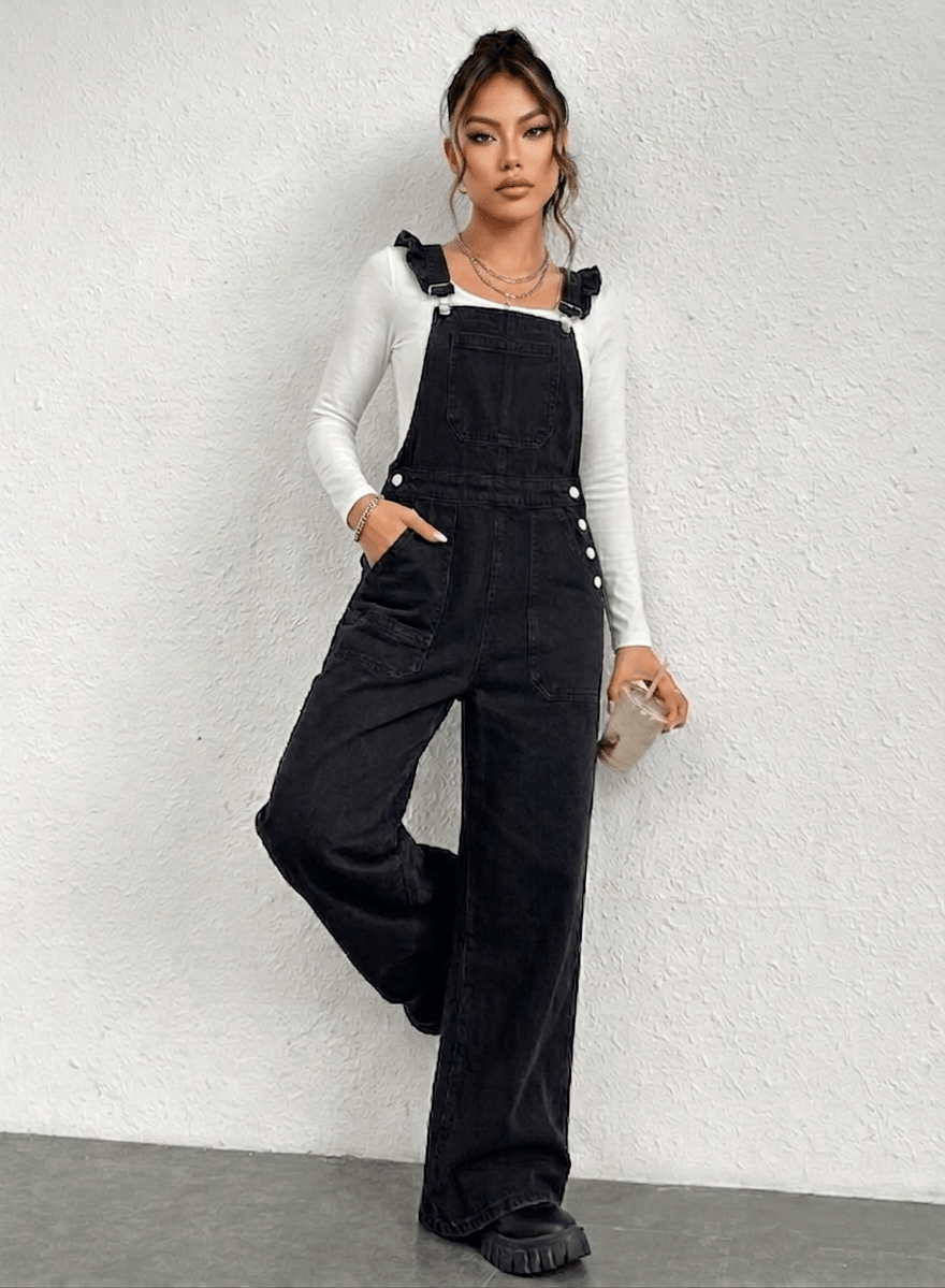 Elodie Frill Dungaree – Black - CLUBHAUS DENIMEFDB-12002