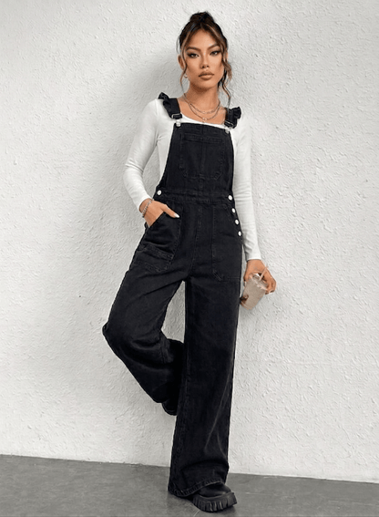 Elodie Frill Dungaree – Black - CLUBHAUS DENIMEFDB-12002