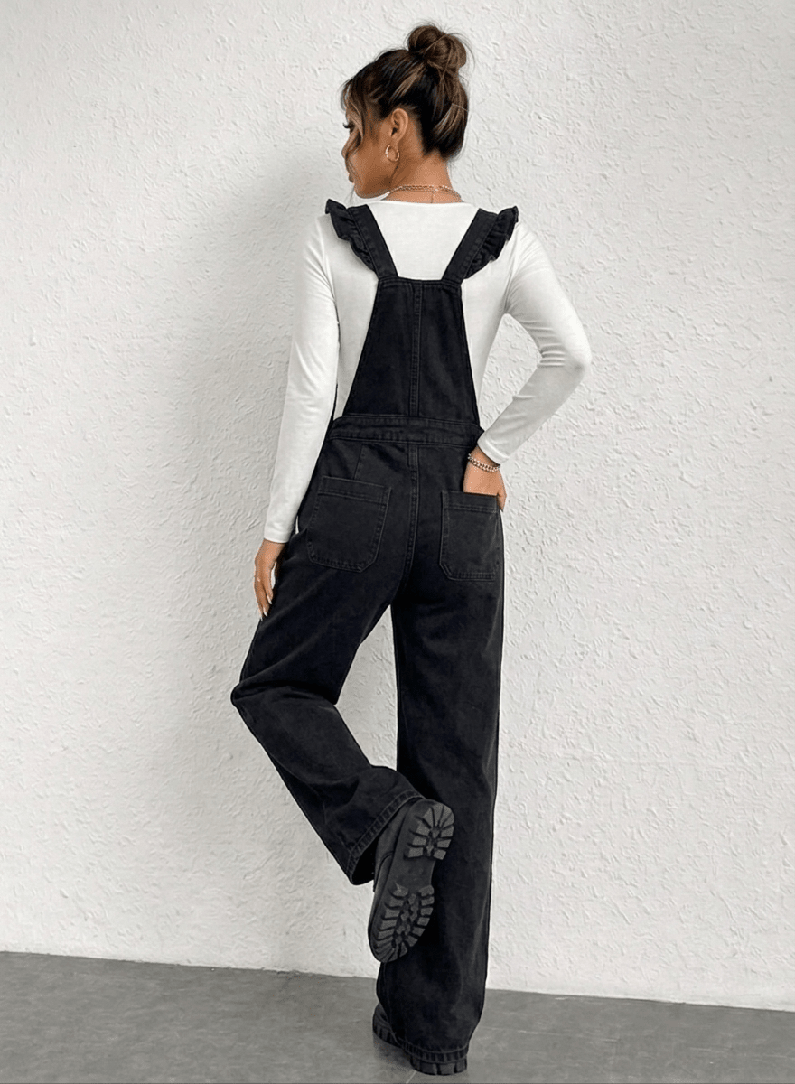 Elodie Frill Dungaree – Black - CLUBHAUS DENIMEFDB-12002