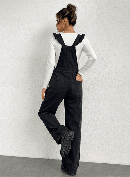 Elodie Frill Dungaree – Black - CLUBHAUS DENIMEFDB-12002