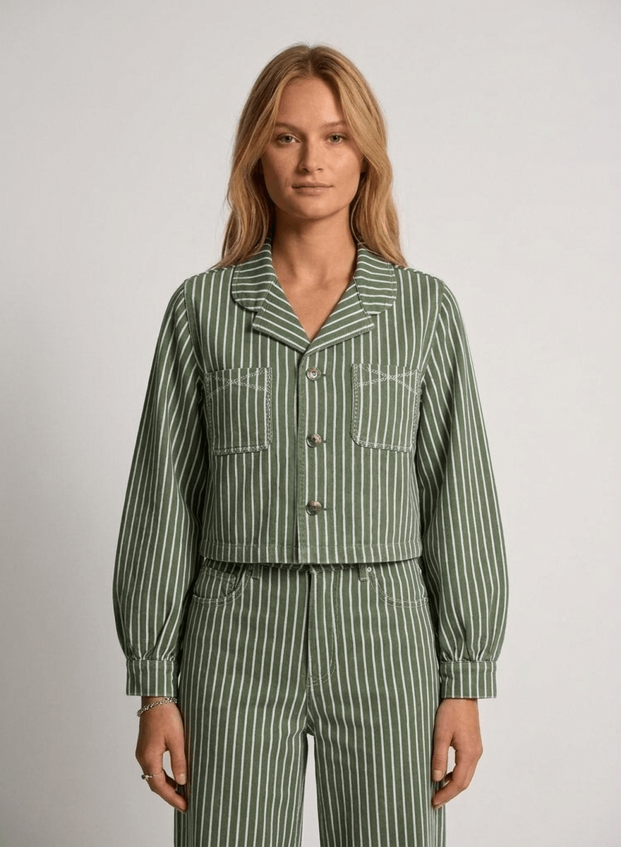 Stripe Khaki Cropped Pipa Jacket - CLUBHAUS DENIMCPJSK-41442