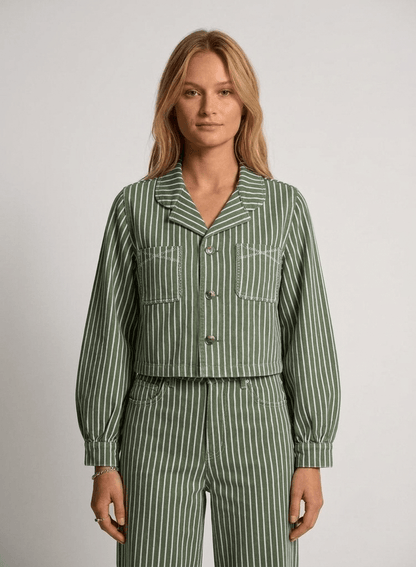 Stripe Khaki Cropped Pipa Jacket - CLUBHAUS DENIMCPJSK-41442