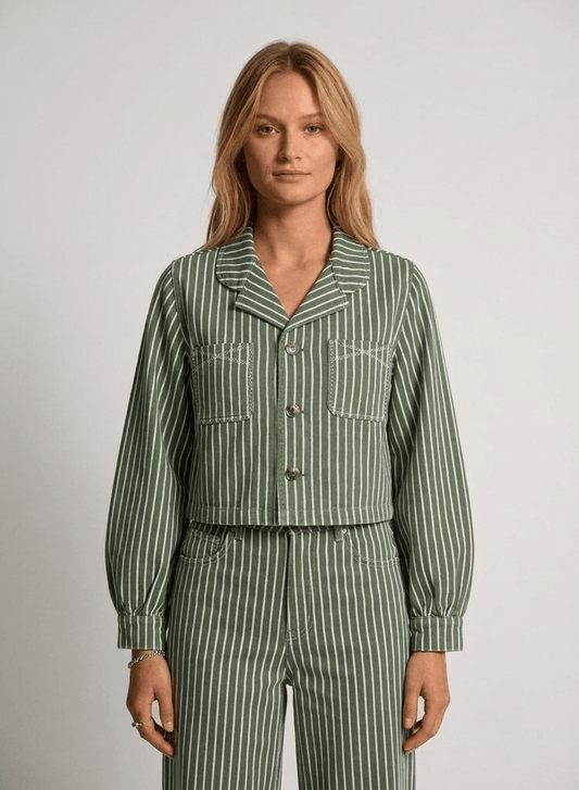 Stripe Khaki Cropped Pipa Jacket - CLUBHAUS DENIMCPJSK-41442